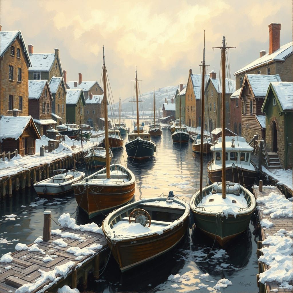 Winter Harbor Scene in Earthy Realism Style