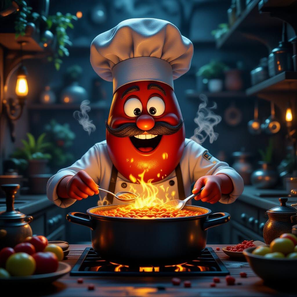 Anthropomorphic Bean Chef Creates Glowing Chili