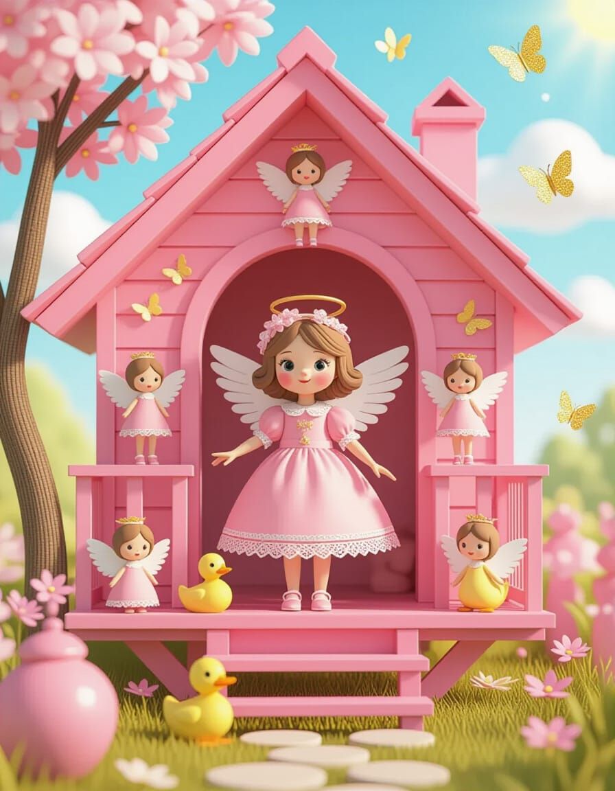 Pink Angel in Treehouse, 3D Rendered Folk Art