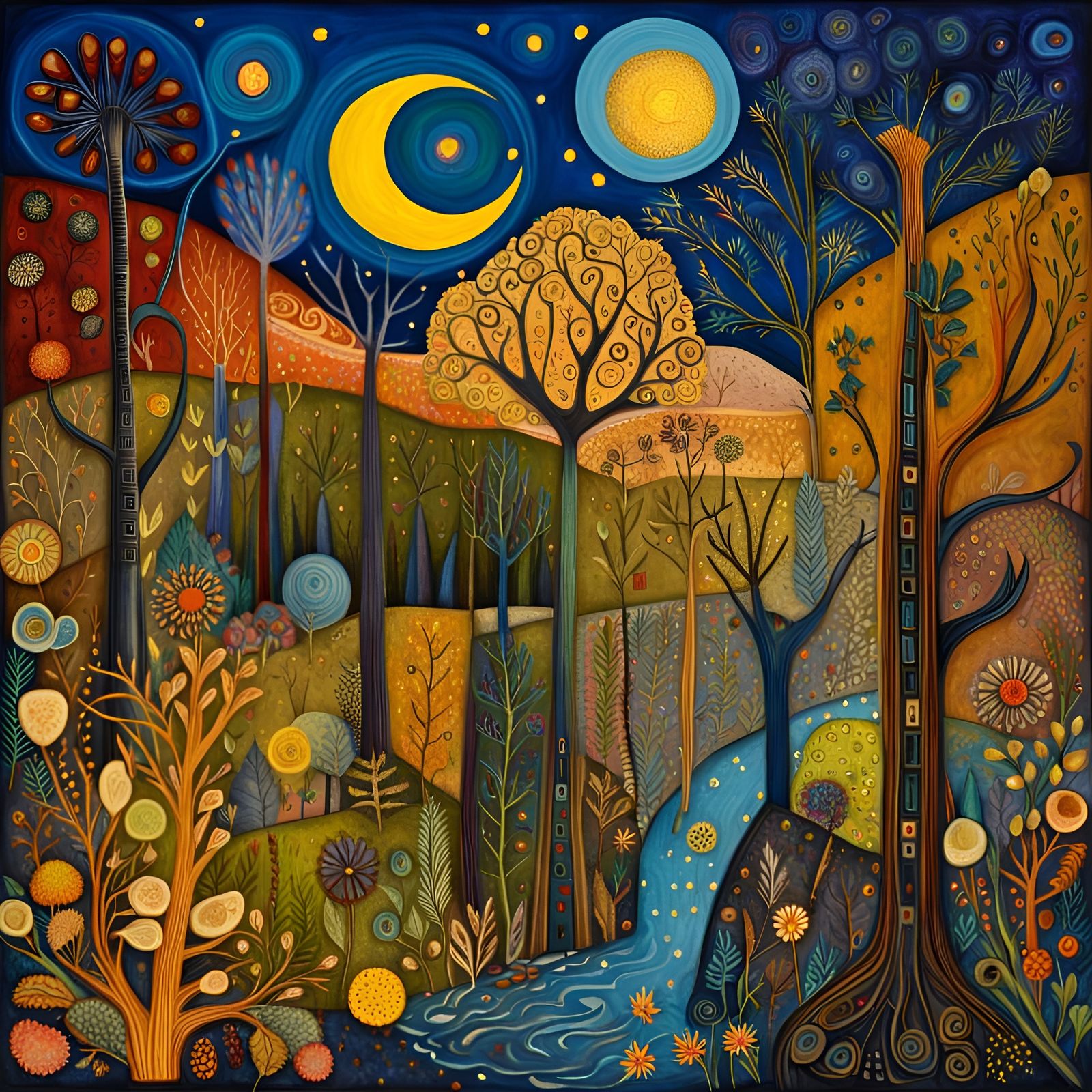 Mysterious Forest Under Starry Cosmos in Art Brut Style