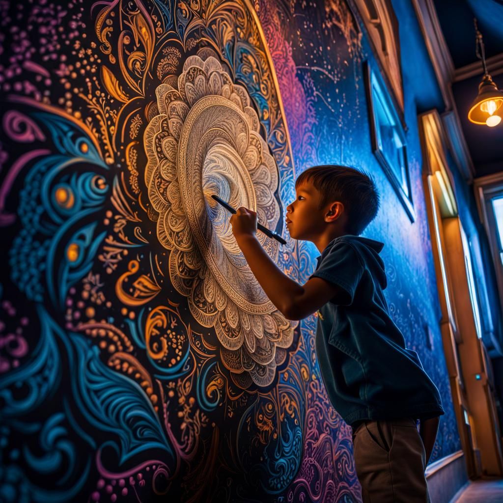 Child Doodles Intricate Mandala in Hyperrealistic Style