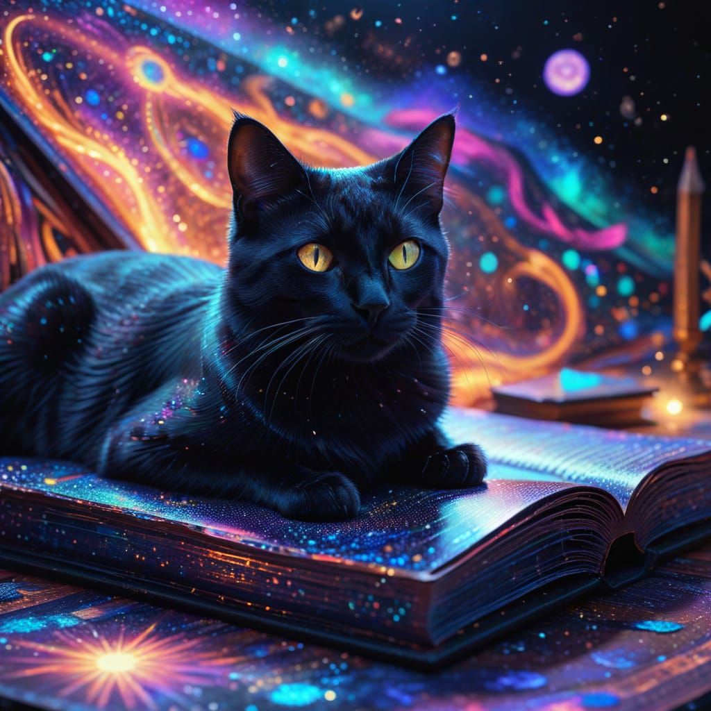 Cosmic Black Cat Reading Holographic Book