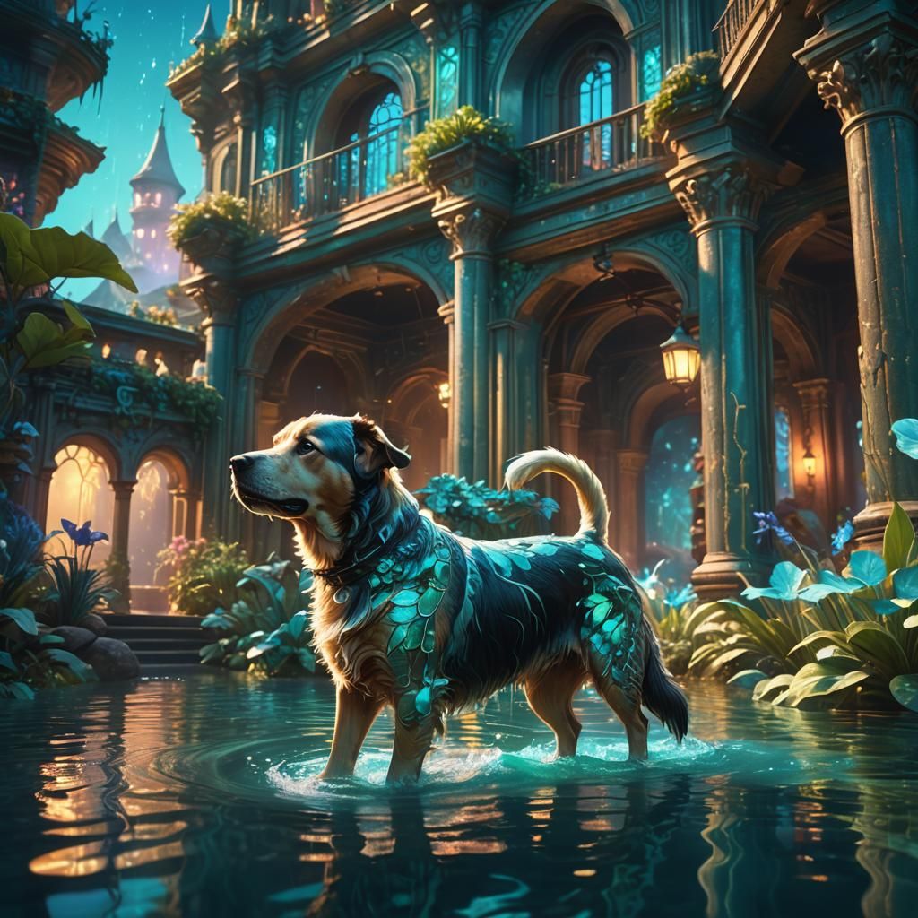 Dog in Water Kingdom: Vibrant Digital Matte Painting