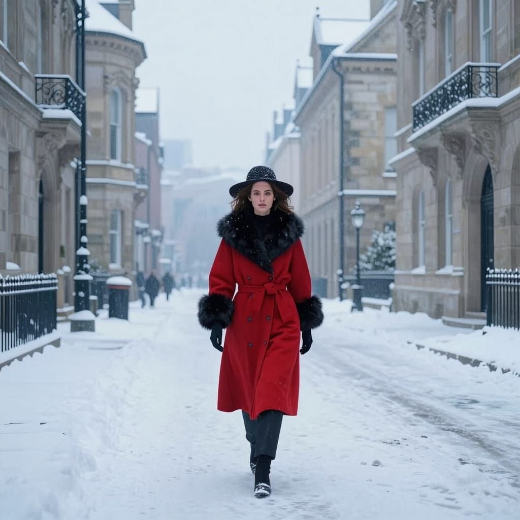 Woman in Red Coat on Snowy January Street
