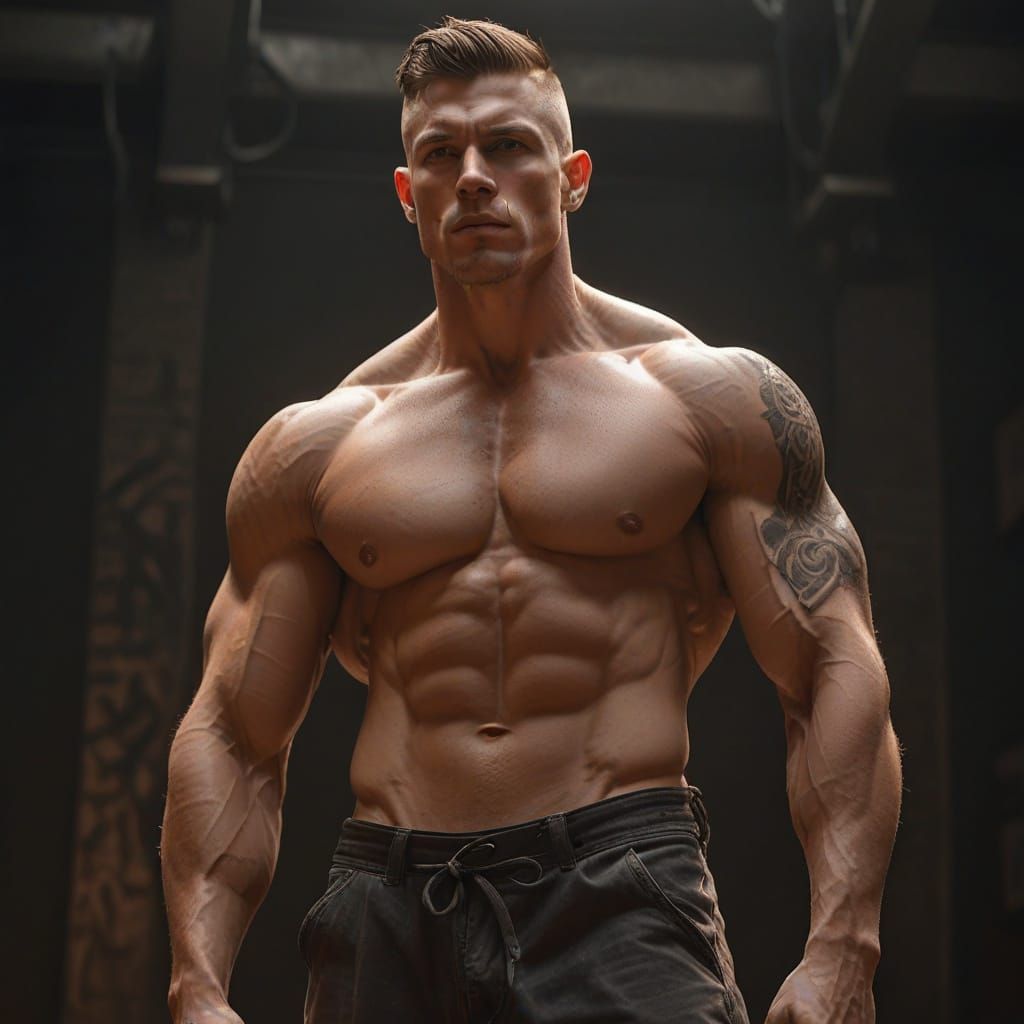 Hyper-Realistic Portrait of a Strong Athlete in Dramatic Lig...