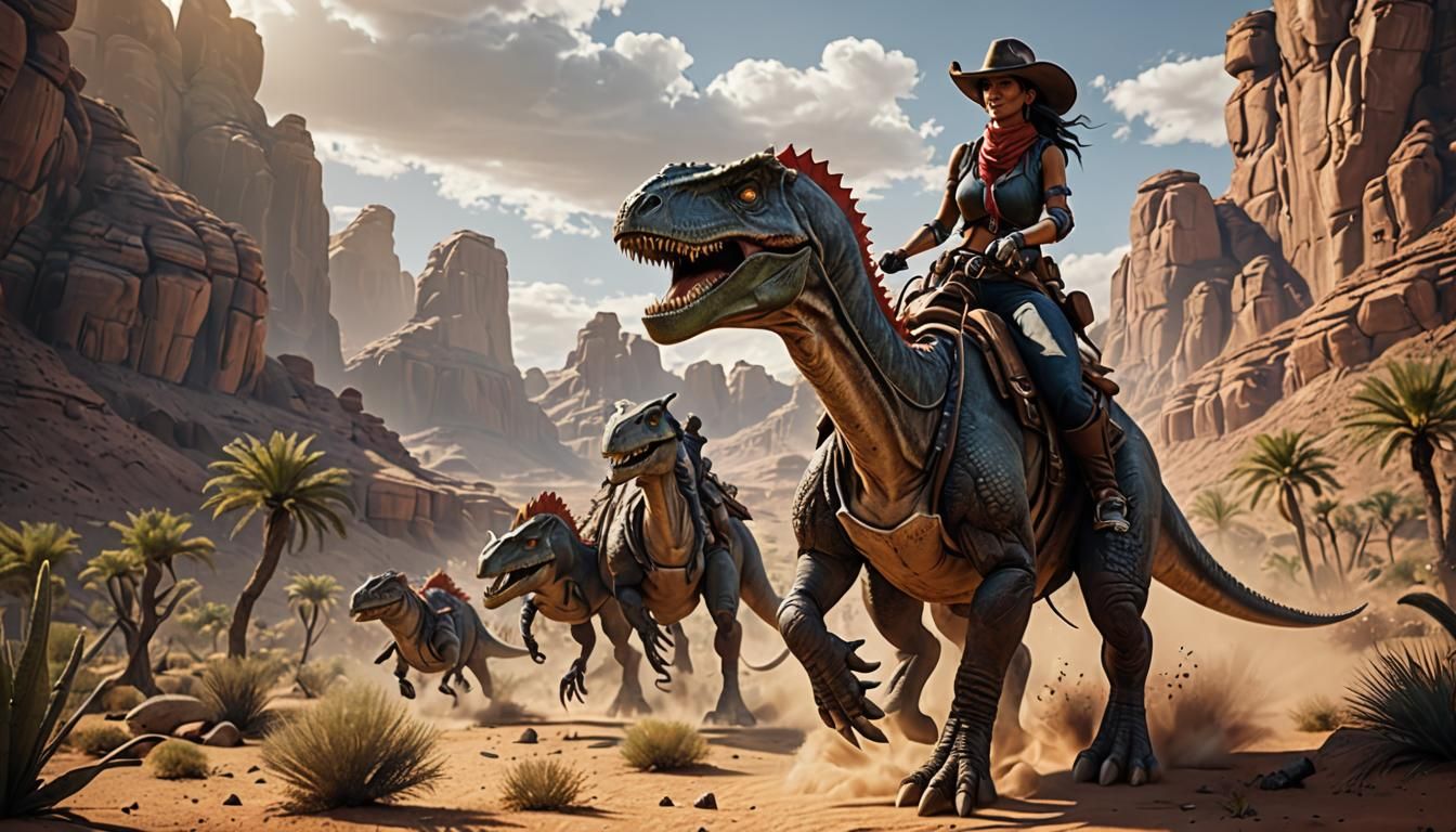 Futuristic Lady Cowboys Riding Dinosaurs in Desert