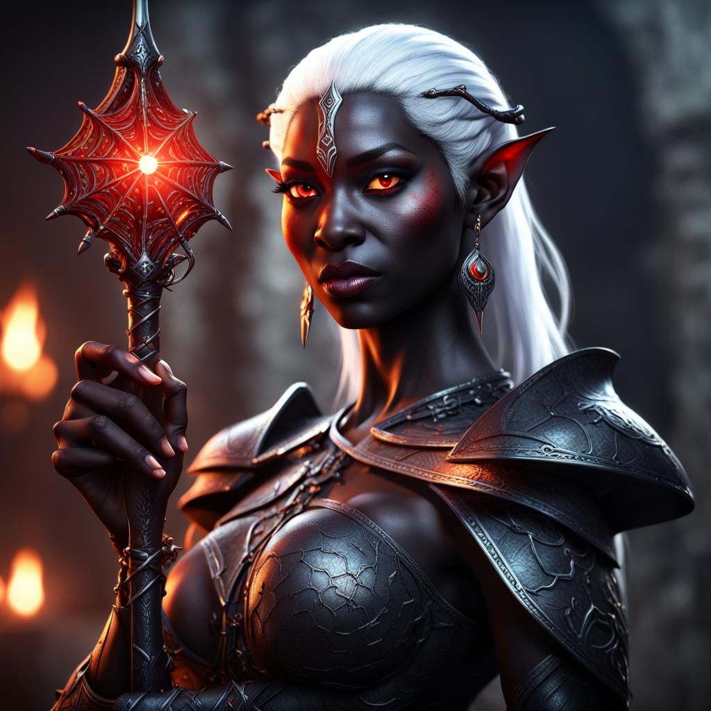Drow Elf Priestess with Spider Staff: Fantasy Art