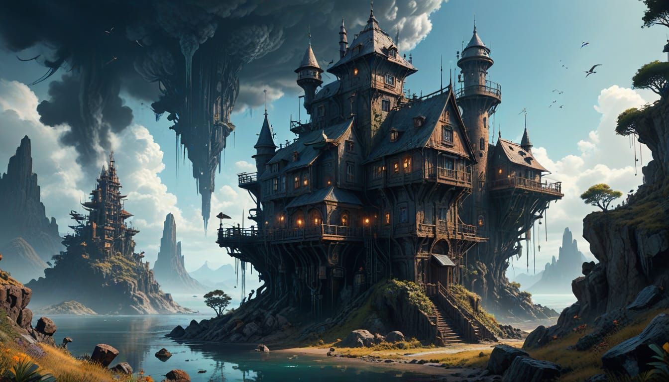 Aetherpunk Dystopian Landscape in Soft Watercolor Style