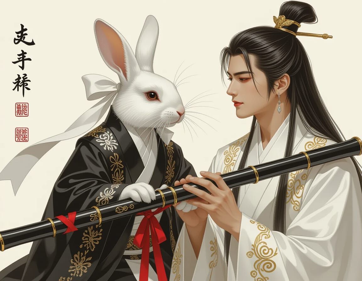 Elegant Rabbit Rides Flute in Rembrandt Style