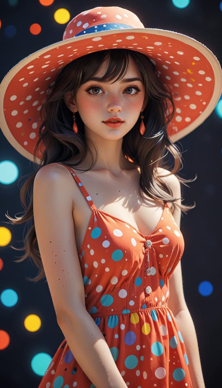 Retro Anime Woman in Polka Dot Dress