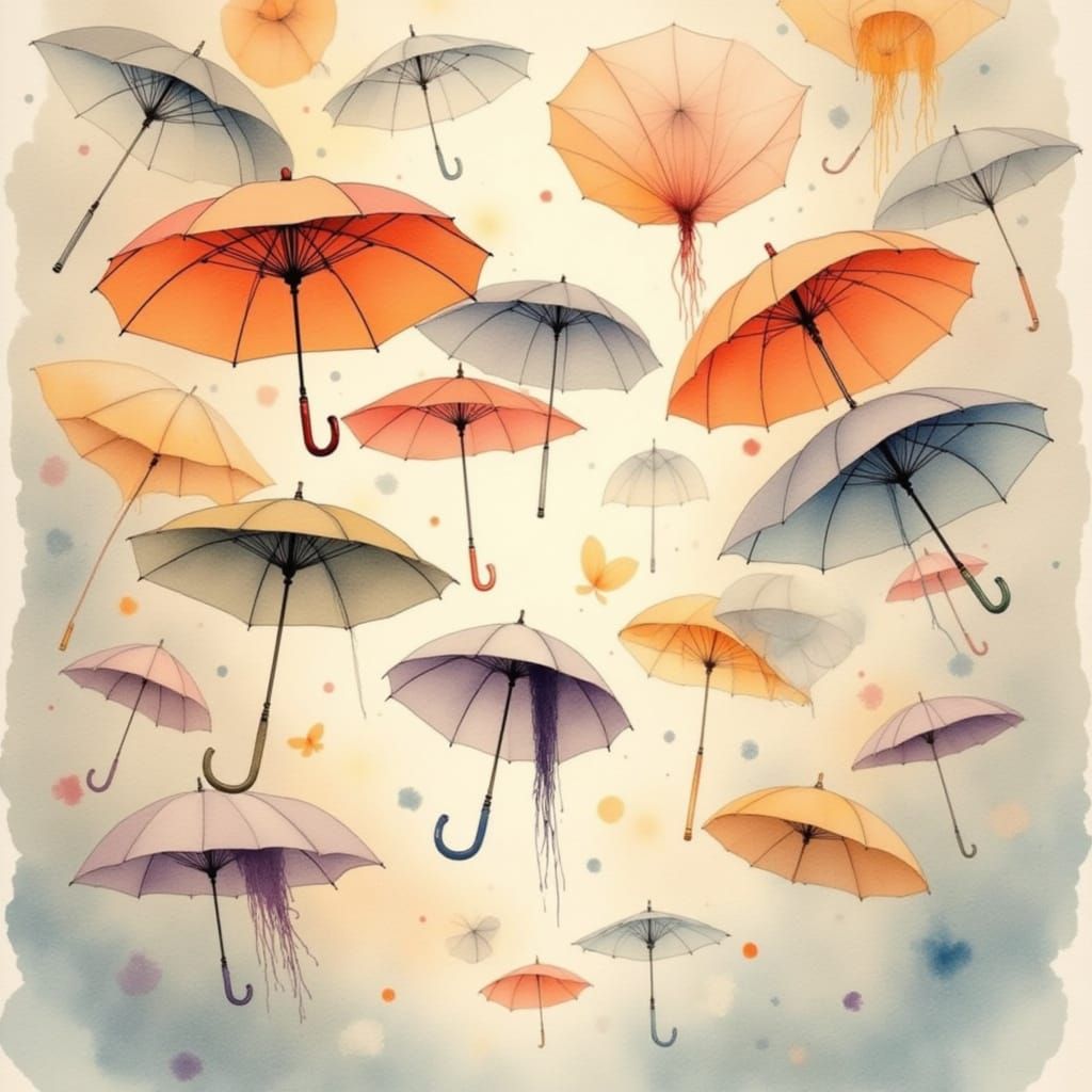 Dreamy Umbrellas Floating in Pastel Watercolor Style