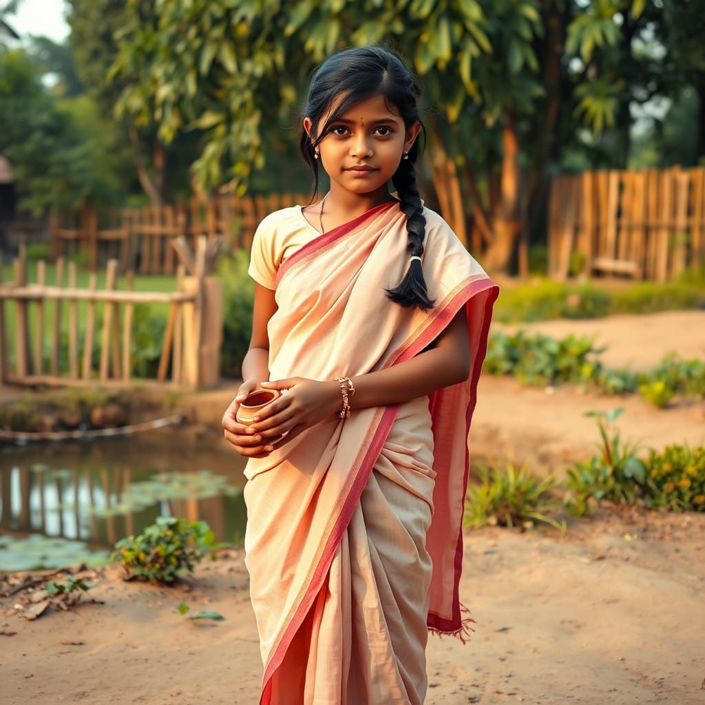Rural Village Girl in Serene Setting, Folk-Inspired Art