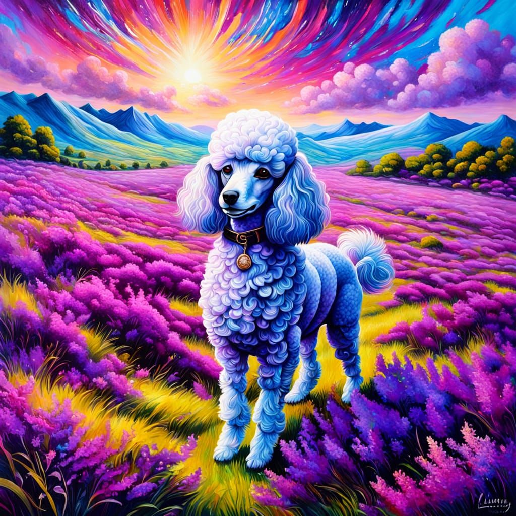Poodle in Heather Field, Scratchy Oil Painting Style
