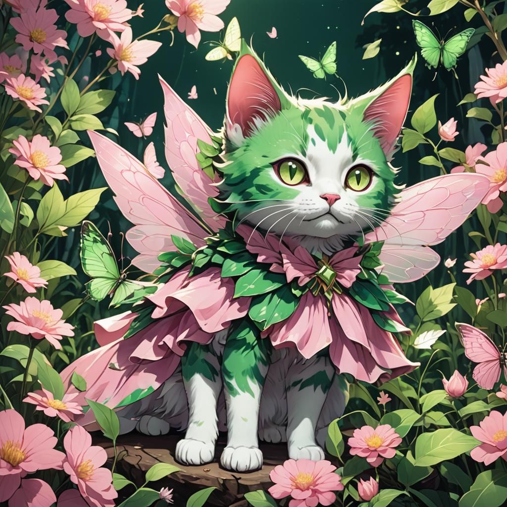 Pink and Green Fairy Cat in Manga Style