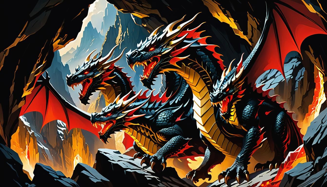 Three-Headed Dragon Emerges from Mountain Cave