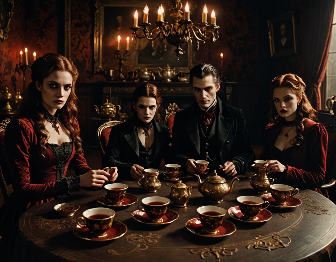 Vampires' Tea Party with Blood in Cinematic Style