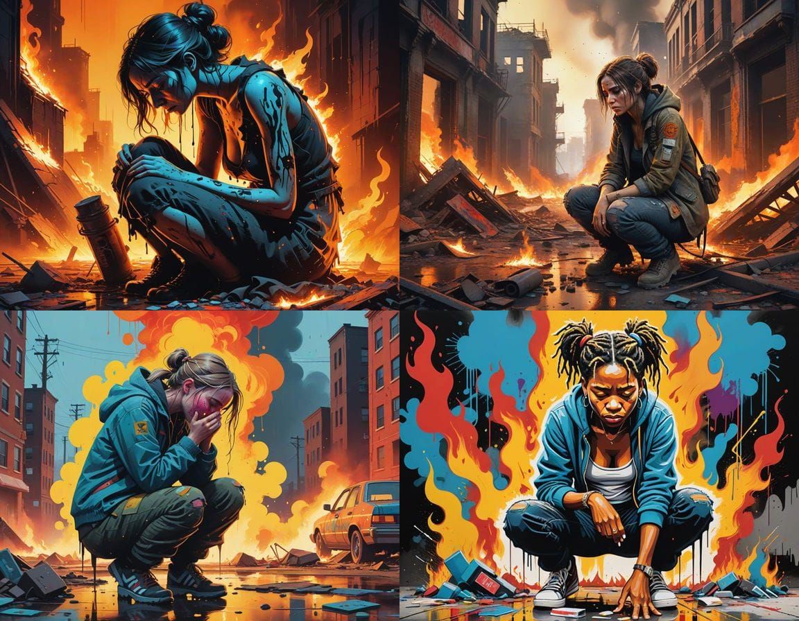 Graffiti Art: Woman Kneeling in Burning World