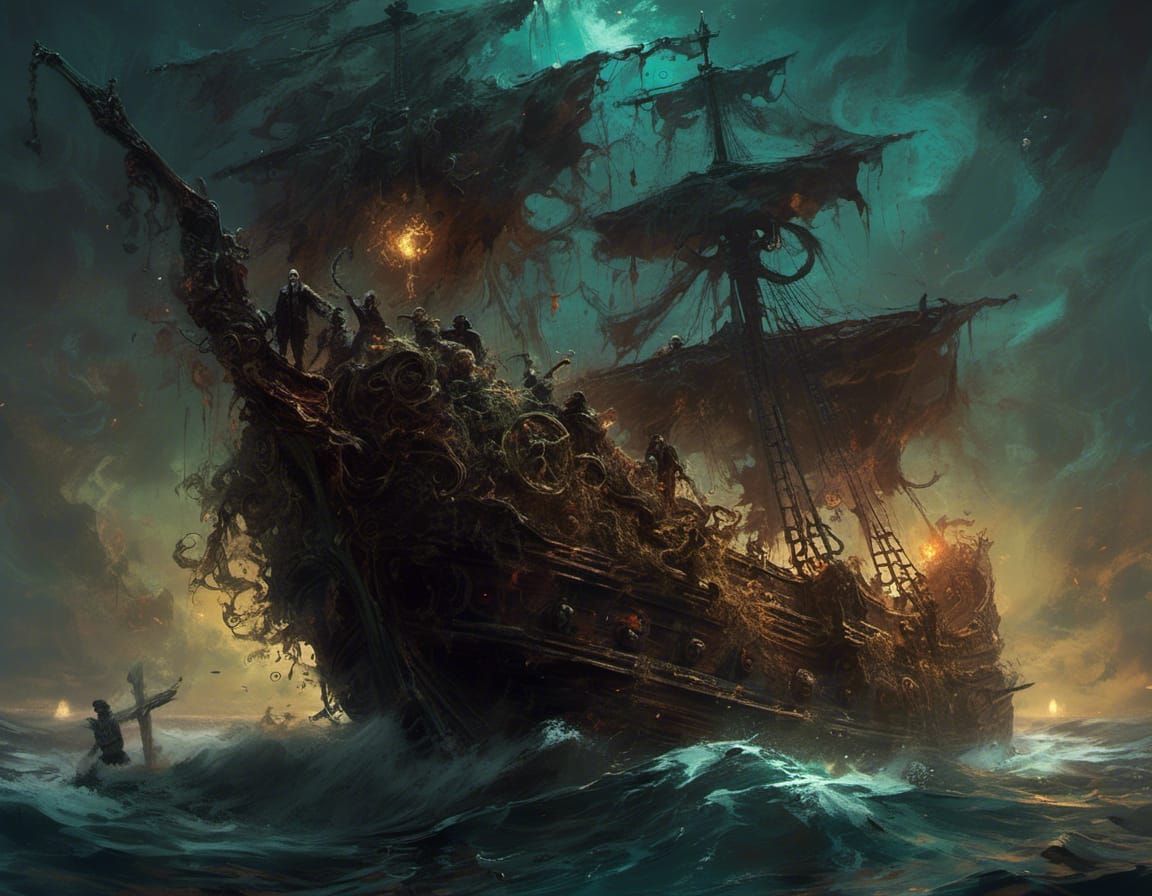 pirate ship  horror painting,
