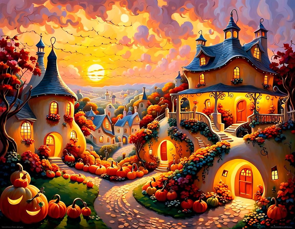 Whimsical Gourd Village in Kinkade Style