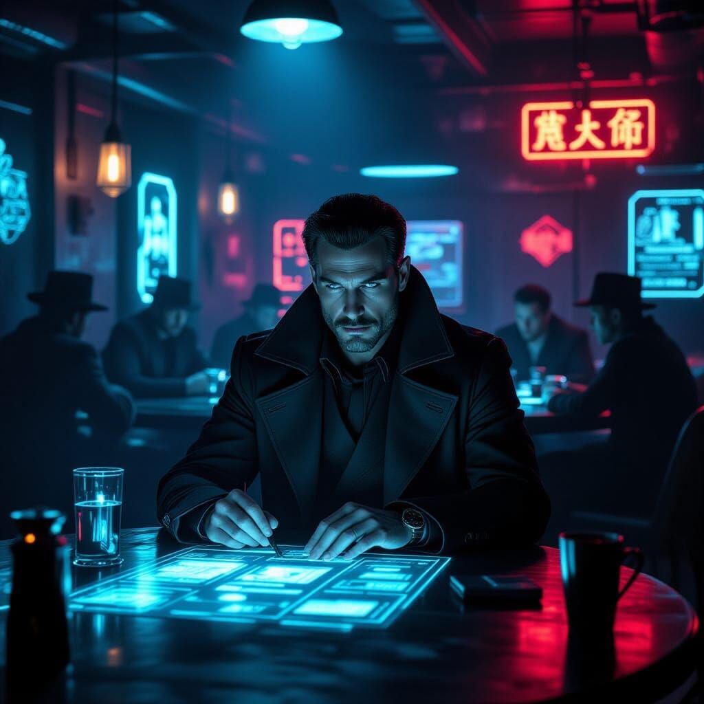 Cyberpunk Figure in Speakeasy with Neon Accents