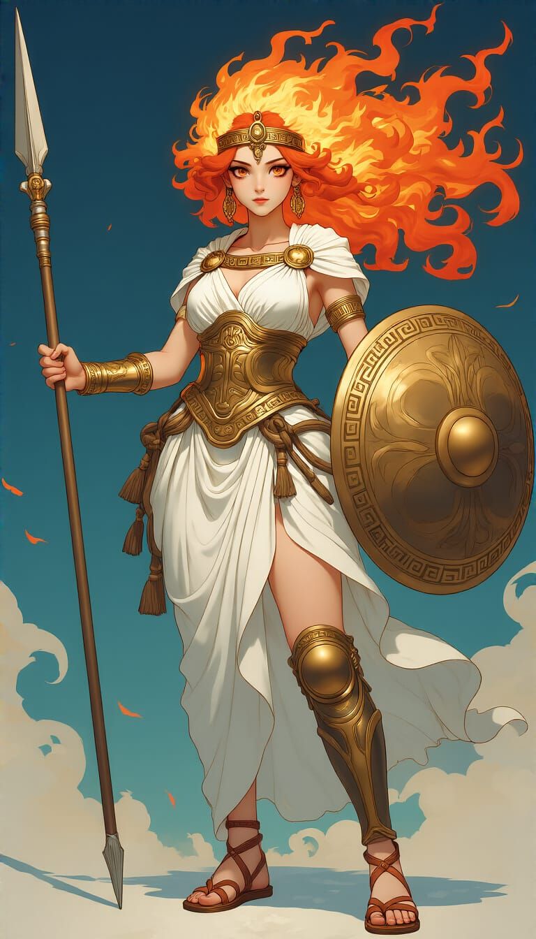 Fiery Haired Warrior Woman in Greek Armor