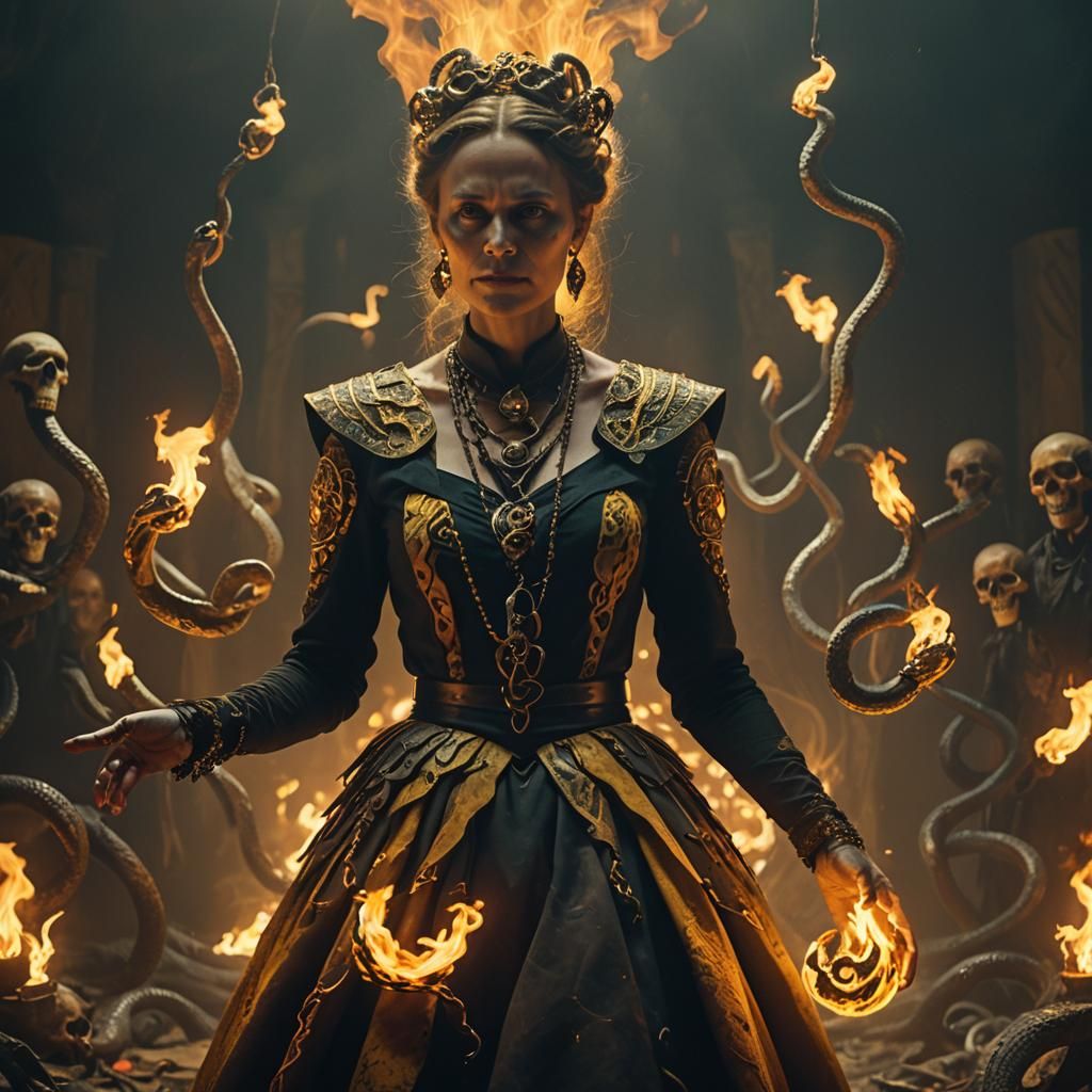 Coatlicue in Flickering Flames: A Cinematic Still
