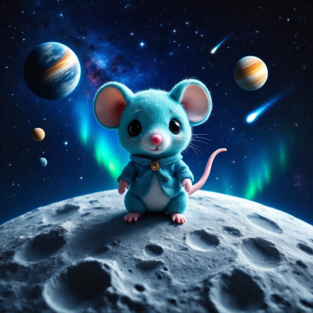 Hyperrealistic Chibi Mouse on the Moon