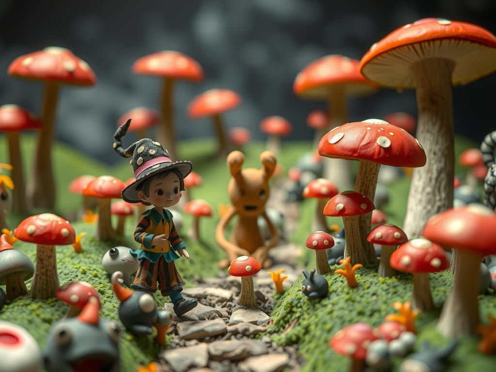 Whimsical Stop Motion Character in Surreal Landscape