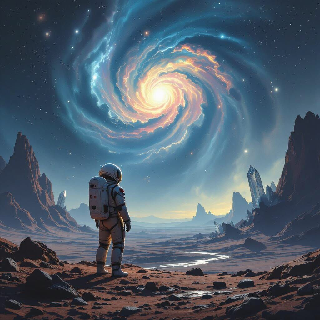 Astronaut Gazes at Nebula on Barren Alien World