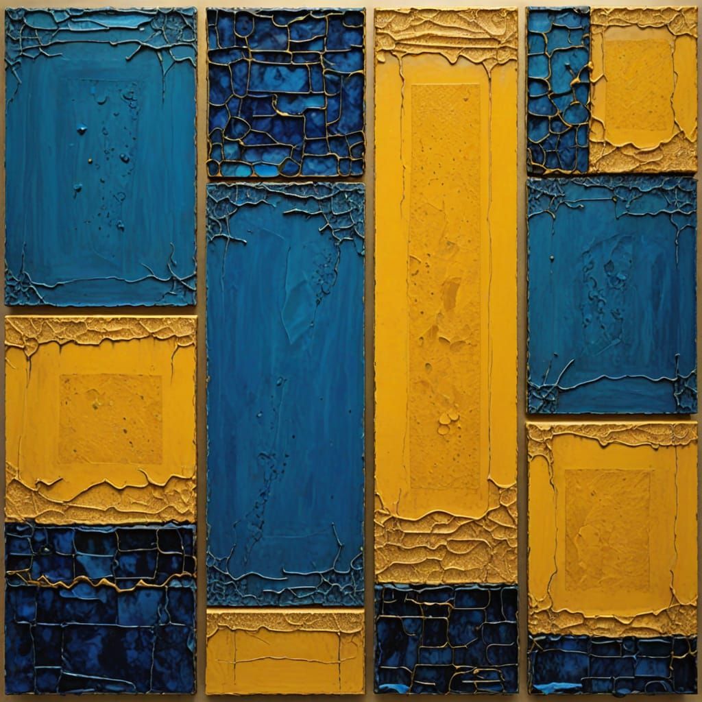 Abstract Geometric Landscape: Impasto Painting in Yellow and...