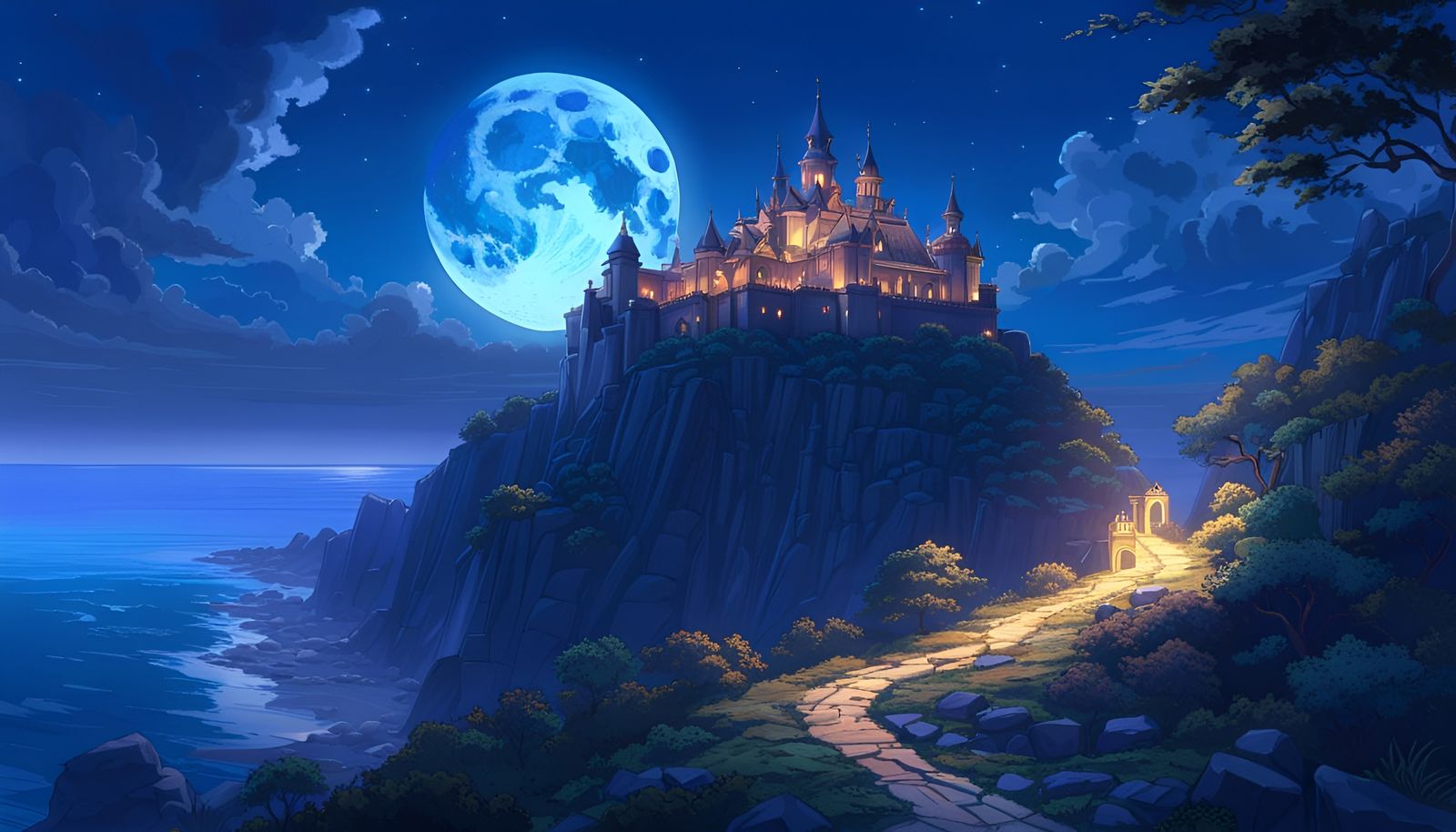 Anime Castle Under Moonlight: Dreamy Aesthetic