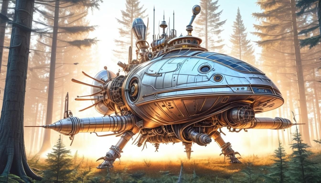 Alien Spacecraft Landing: Steampunk Engine in Golden Light