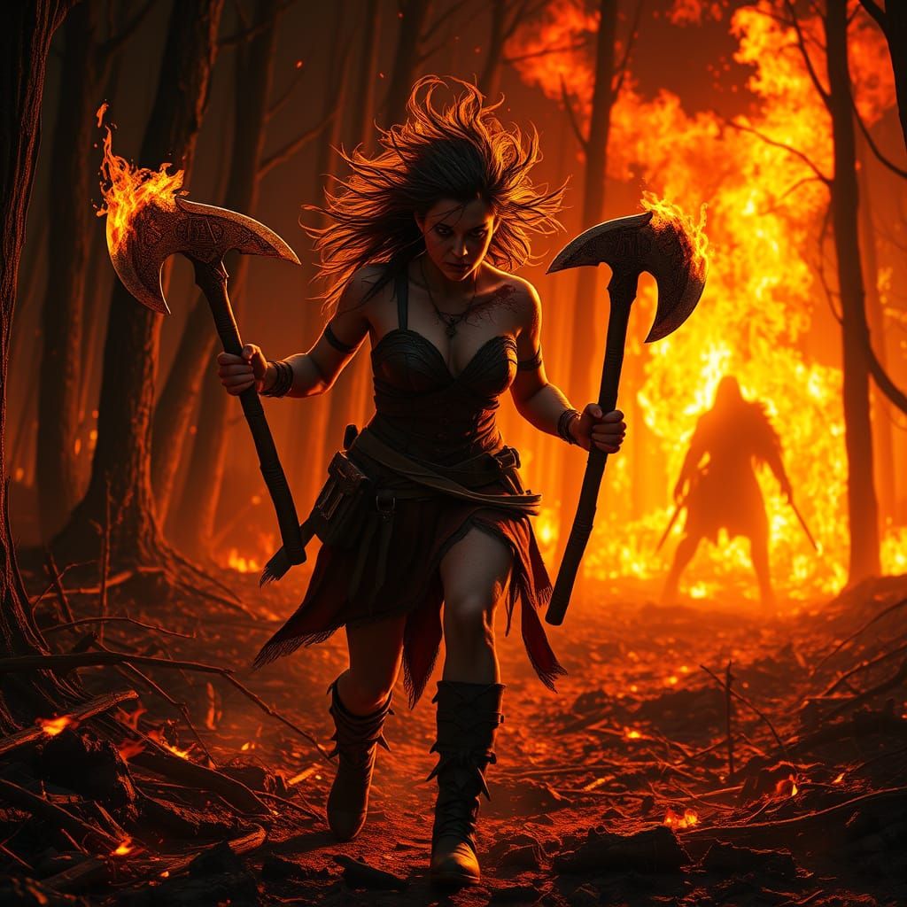 Fiery Huntress Stalks Burning Forest with Twin Axes