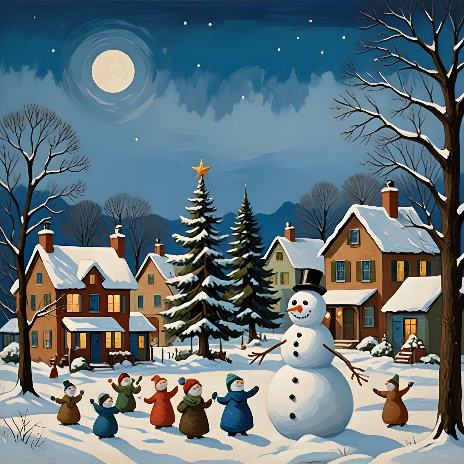 Winter Wonderland Scene with Joyful Snowmen in Folk Art Styl...