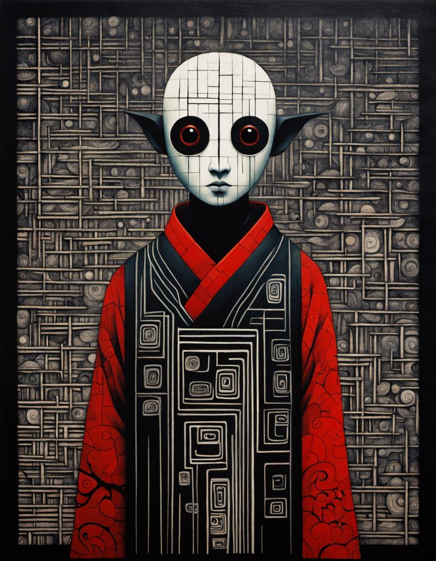 Abstract Folk Horror Figure in Red, Black and White