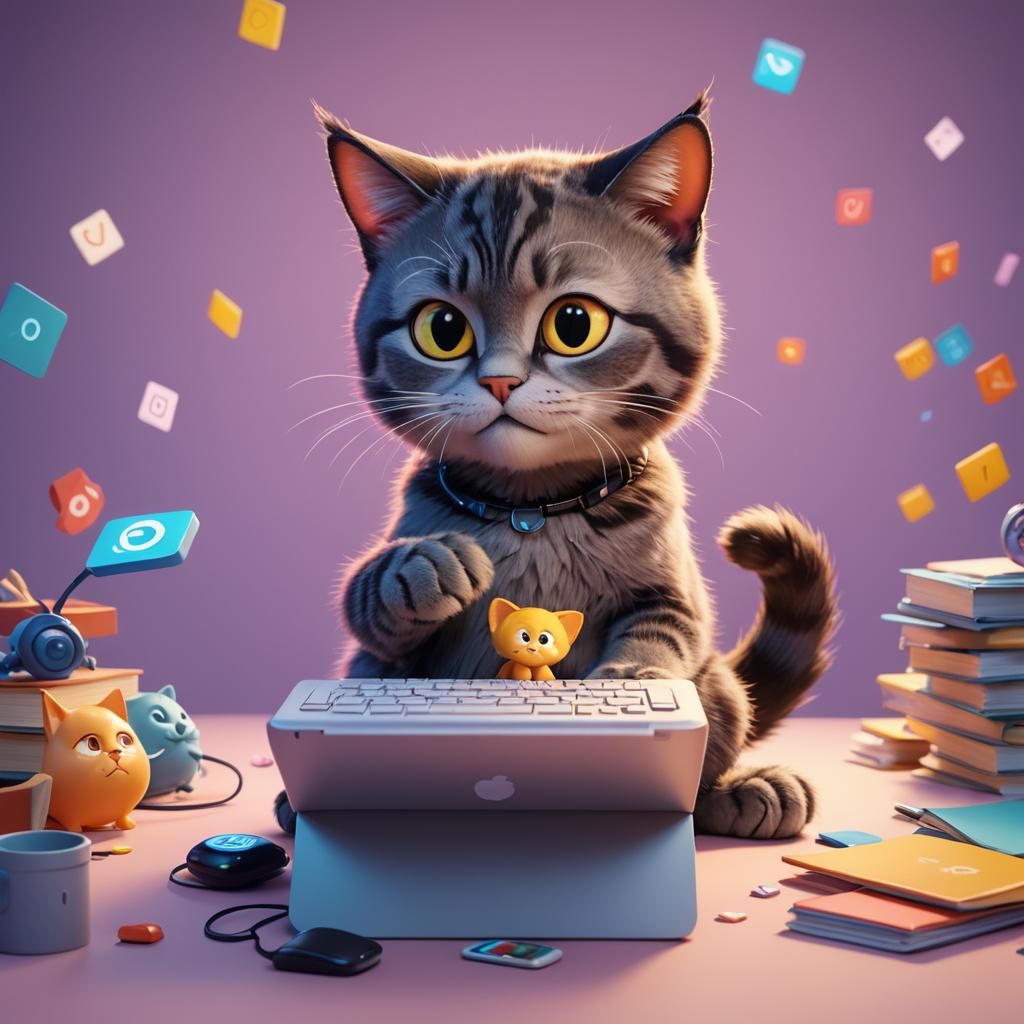 Cat Checking Email: Pixar-Style 3D Digital Art