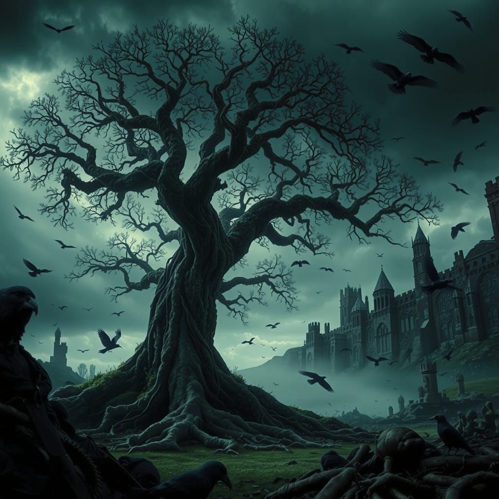 Ancient Tree Silhouetted Against Stormy Sky