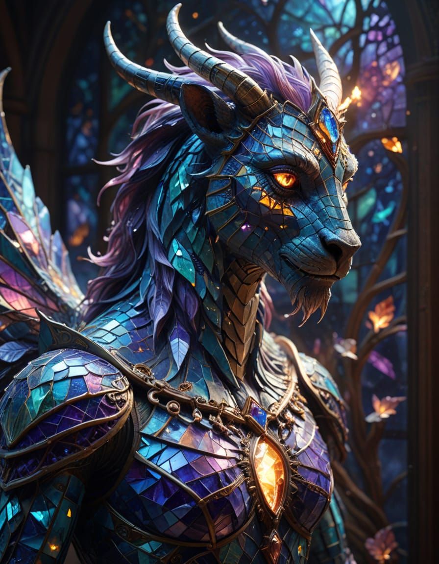 Mythical Creature in Glowing Stained Glass Mosaics