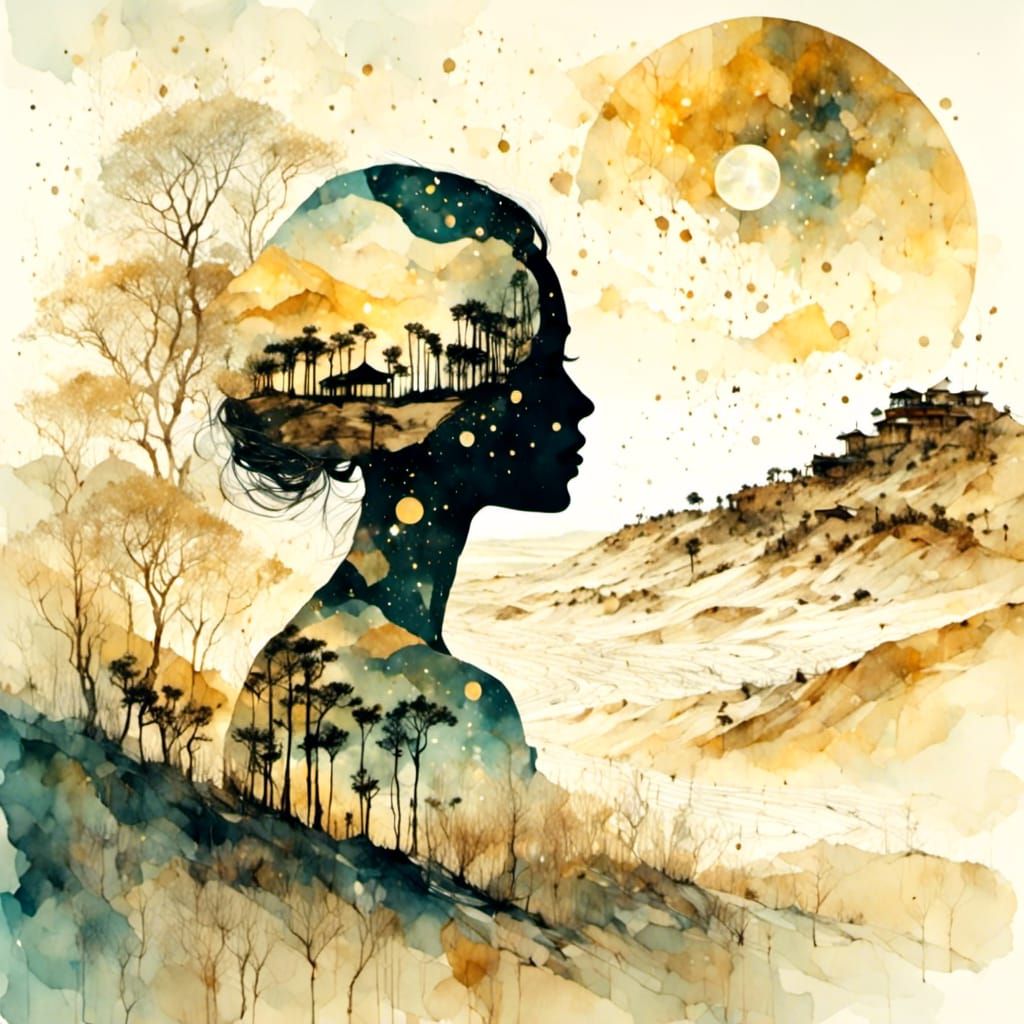 Dreamy Desert Silhouette in Watercolor and Ink