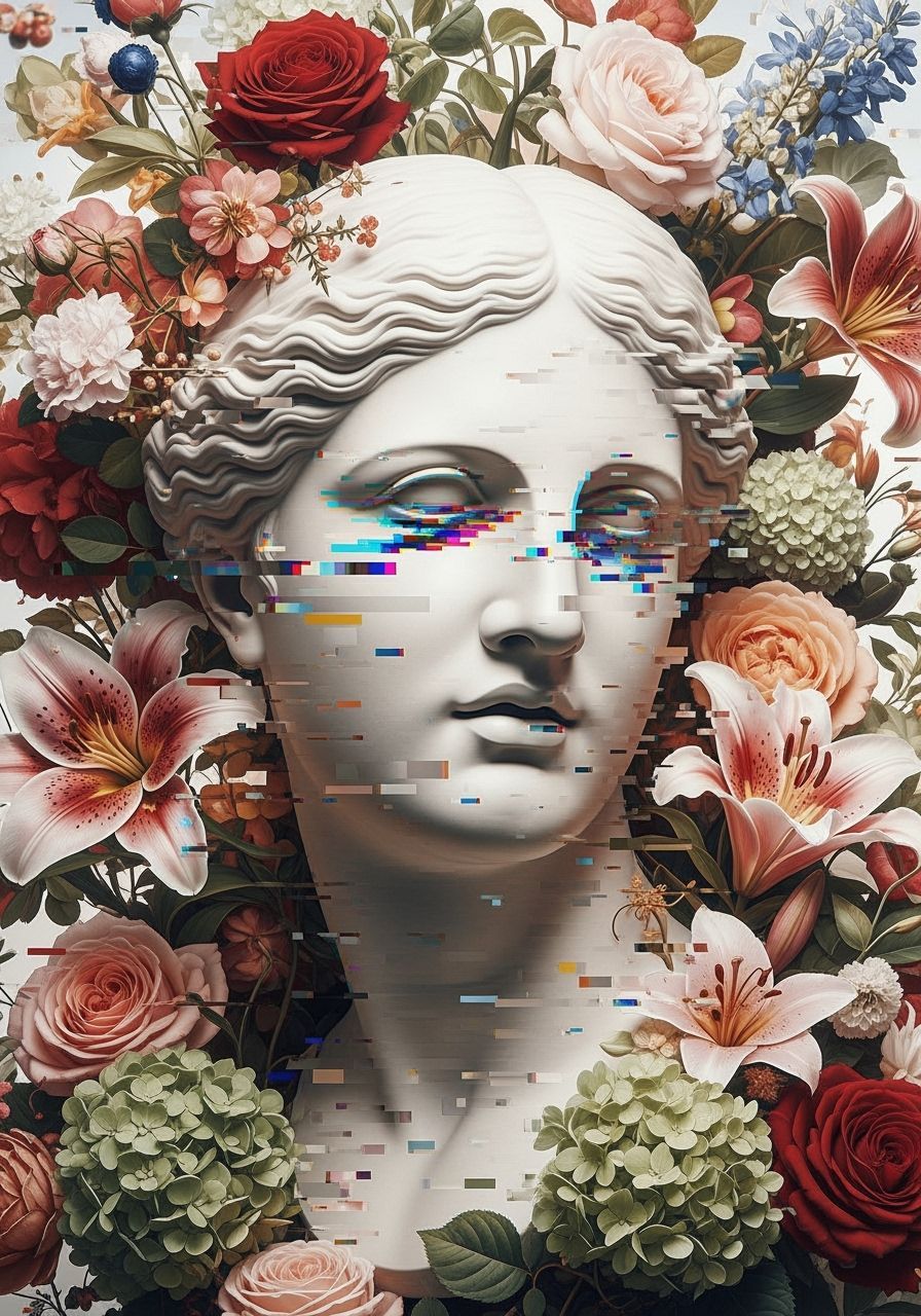 Digital Glitch Portrait of Greek Bust with Flowers