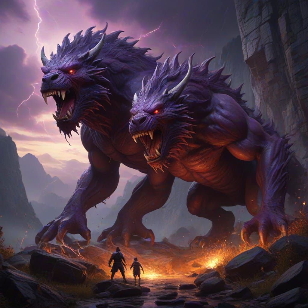 Mythic Two-Headed Beast in Crimson Skies