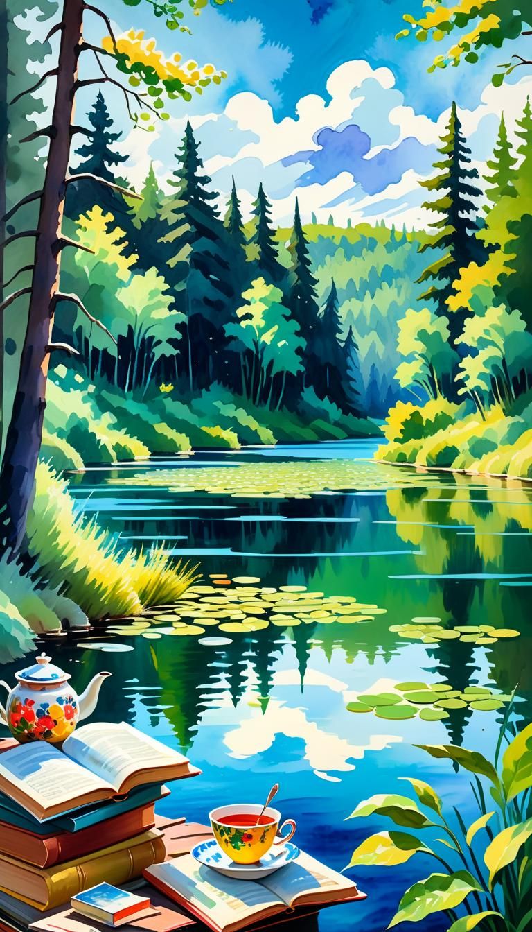 Summer Lake Books and Tea in Gouache Style