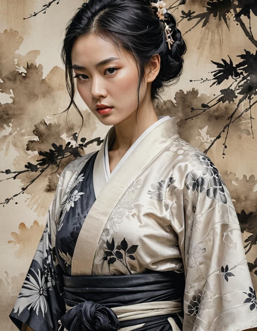 Warrior in Kimono: Japanese Ink Painting in Watercolor