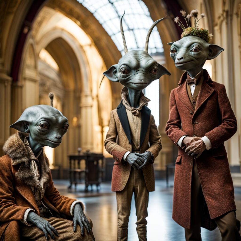 Surreal Restaurant Scene with Beautiful Aliens