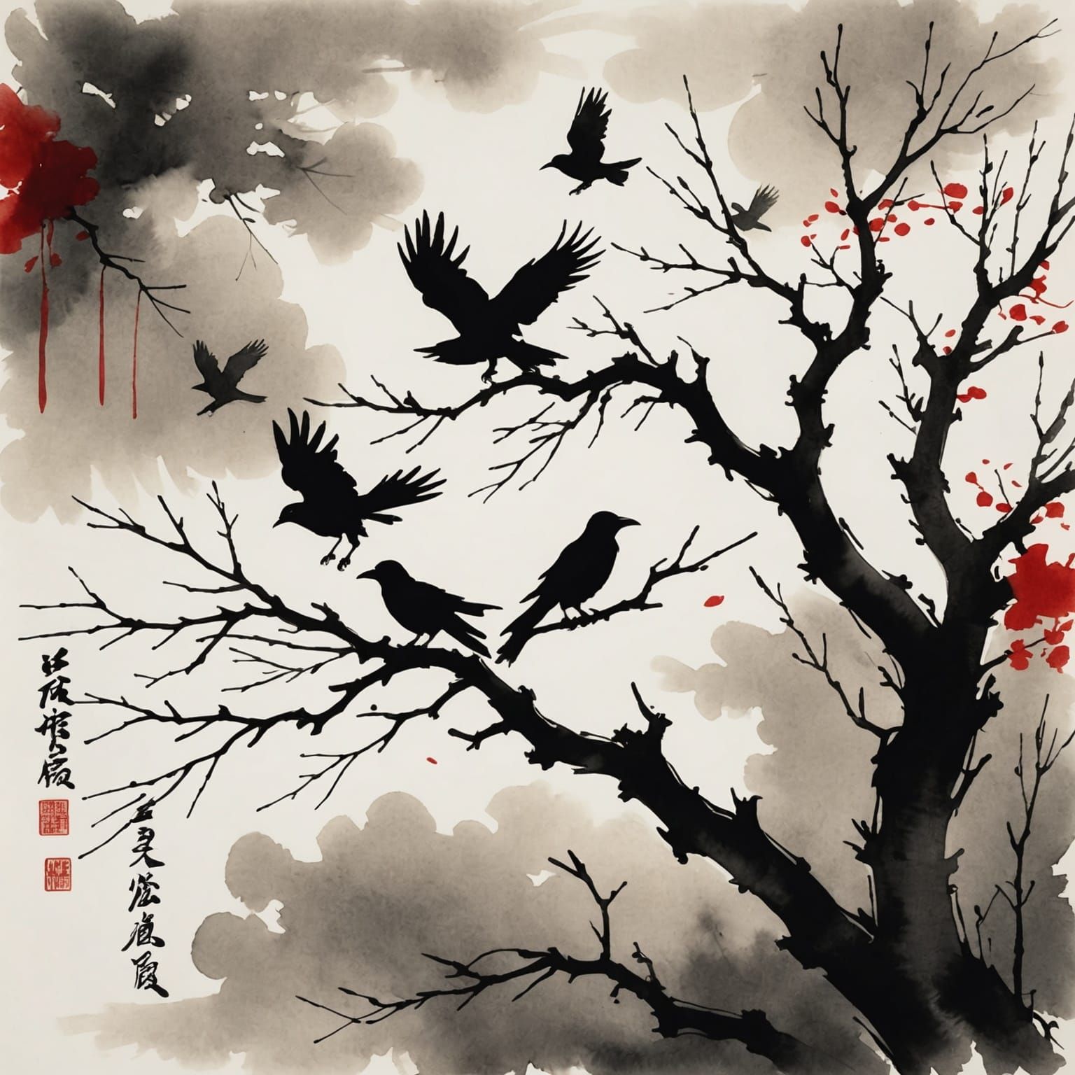 Eerie Crows in Chinese Ink Wash Painting
