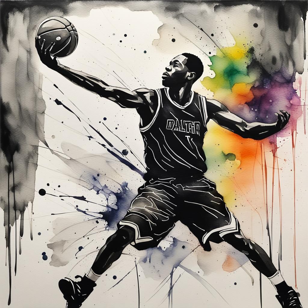 Dynamic Watercolor Basketball Player in Black Ink