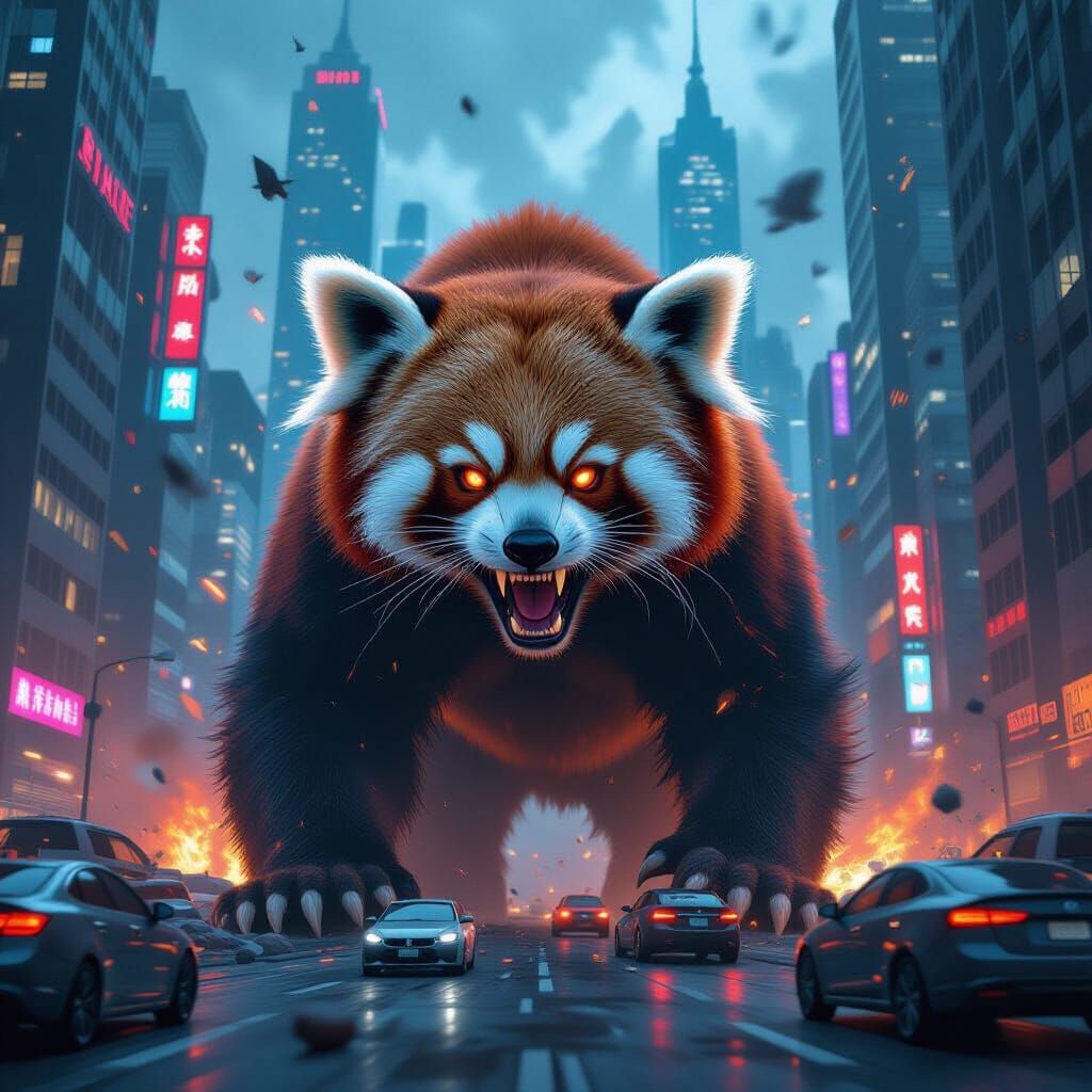 Monstrous Red Panda Rampages Futuristic City
