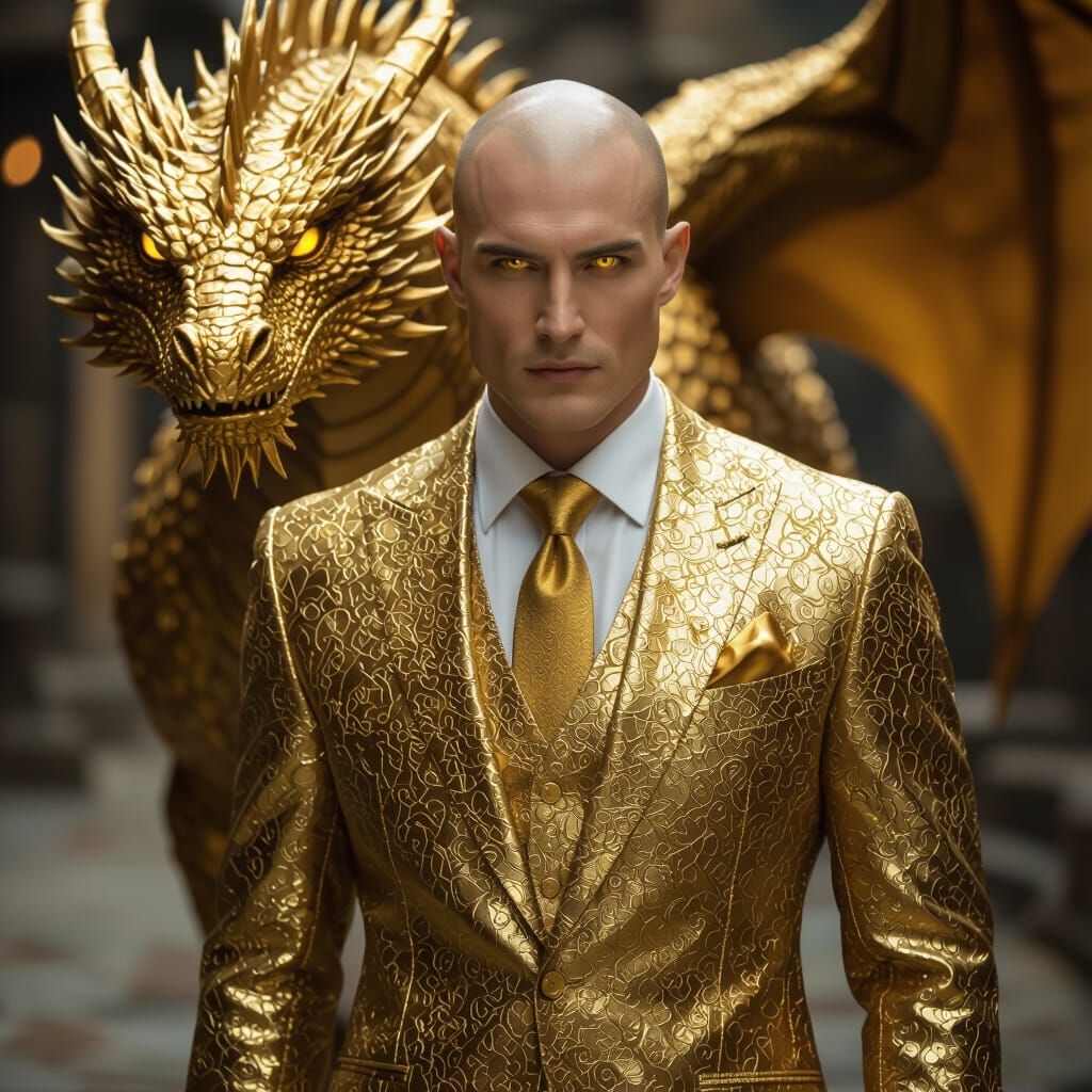 Man in Gold Suit with Golden Dragon, Cinematic Film Still