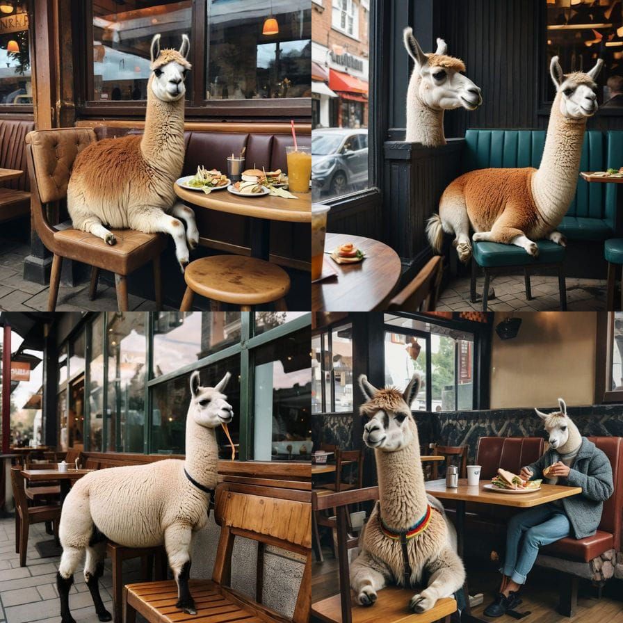 Surreal Llama Dines on a Humble Kebab in a Restaurant Seat