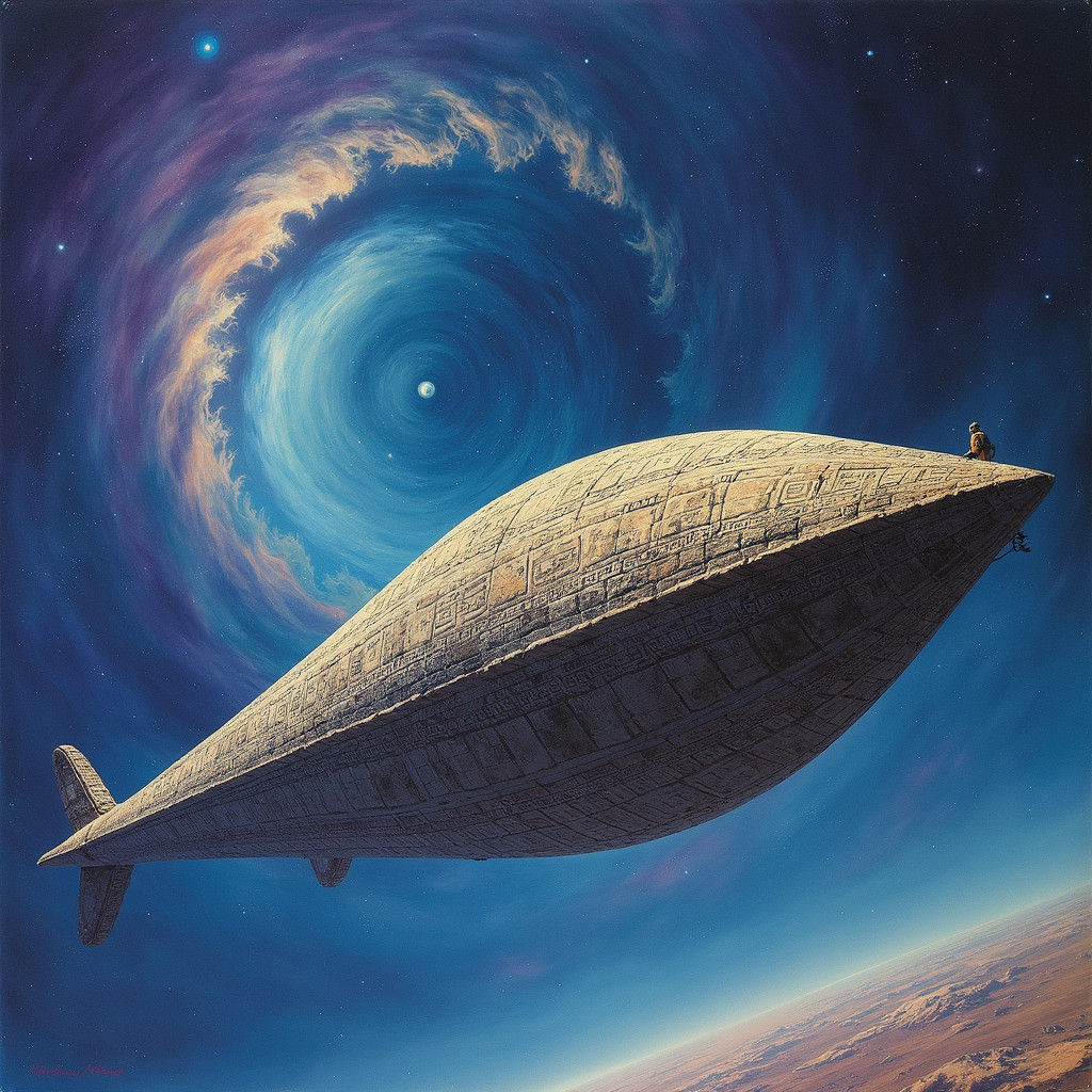 Stone Spaceship with Hieroglyphics in Cosmic Sky